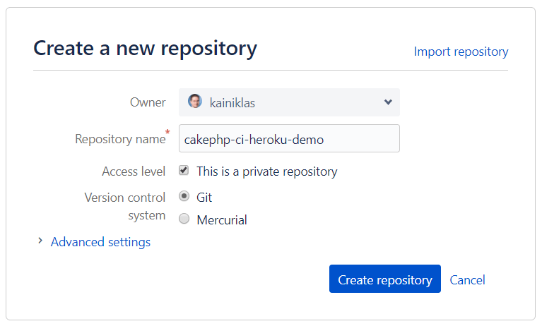 Create new Bitbucket repository